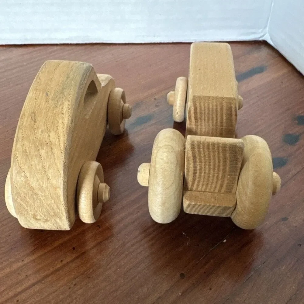 2 Wooden Vehicles 1 Wooden Tractor And 1 Car Wood Toy Collectible